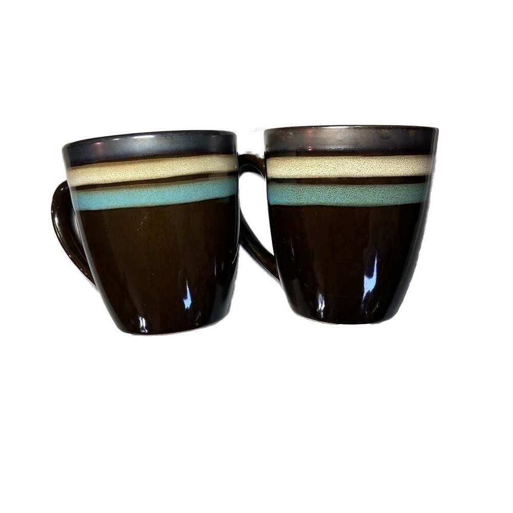 Set of 2 Gibson Elite Lewisville Coffee Mugs Cups Stoneware Teal Brown Cream 4"